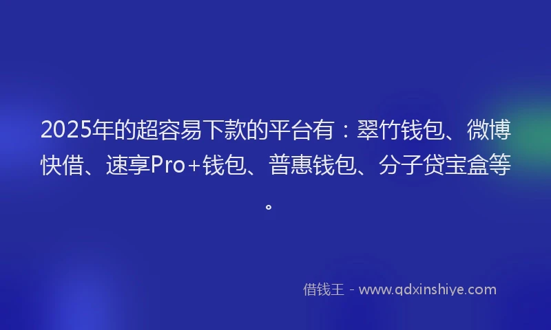 2025年的超容易下款的平台有：翠竹钱包、微博快借、速享Pro+钱包、普惠钱包、分子贷宝盒等。