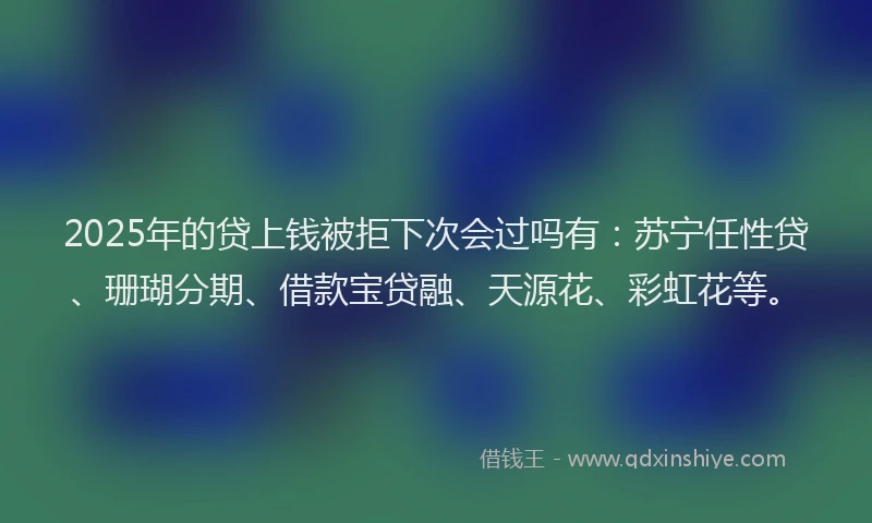 2025年的贷上钱被拒下次会过吗有：苏宁任性贷、珊瑚分期、借款宝贷融、天源花、彩虹花等。
