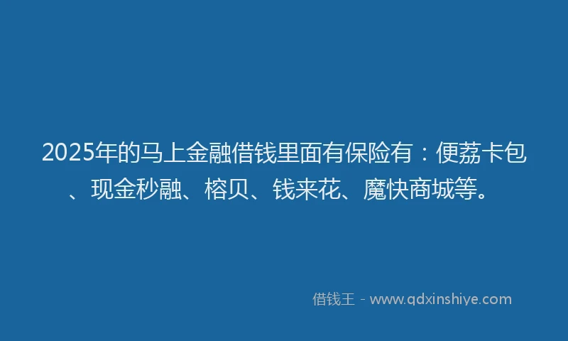 2025年的马上金融借钱里面有保险有：便荔卡包、现金秒融、榕贝、钱来花、魔快商城等。