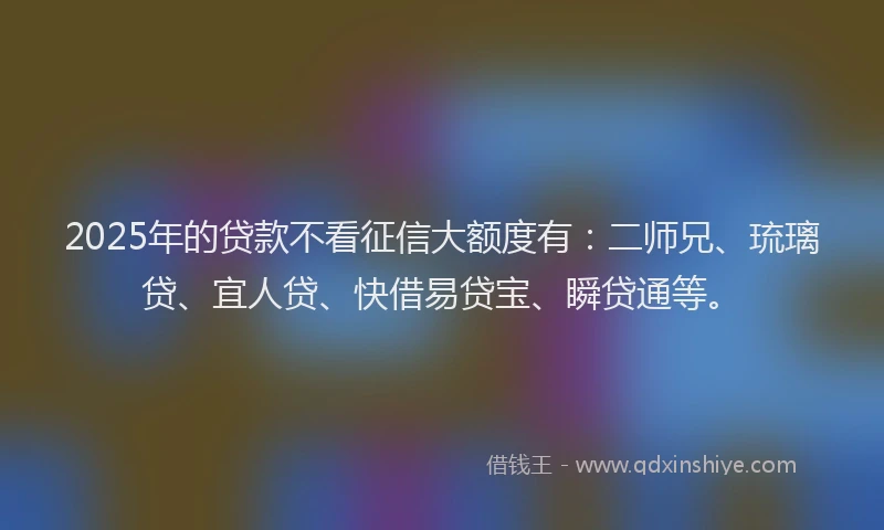 2025年的贷款不看征信大额度有：二师兄、琉璃贷、宜人贷、快借易贷宝、瞬贷通等。