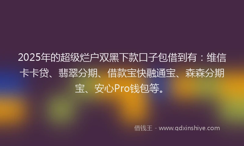 2025年的超级烂户双黑下款口子包借到有：维信卡卡贷、翡翠分期、借款宝快融通宝、森森分期宝、安心Pro钱包等。