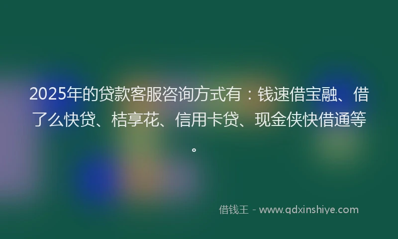2025年的贷款客服咨询方式有：钱速借宝融、借了么快贷、桔享花、信用卡贷、现金侠快借通等。