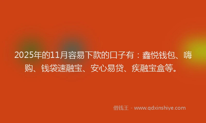 2025年的11月容易下款的口子有：鑫悦钱包、嗨购、钱袋速融宝、安心易贷、疾融宝盒等。