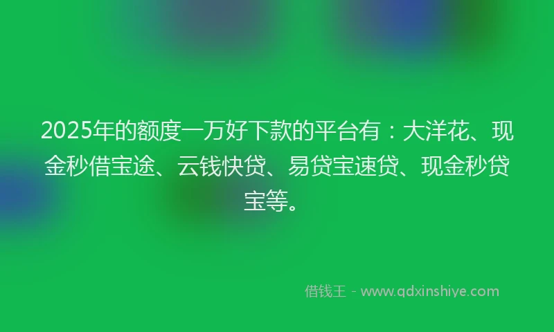 2025年的额度一万好下款的平台有：大洋花、现金秒借宝途、云钱快贷、易贷宝速贷、现金秒贷宝等。