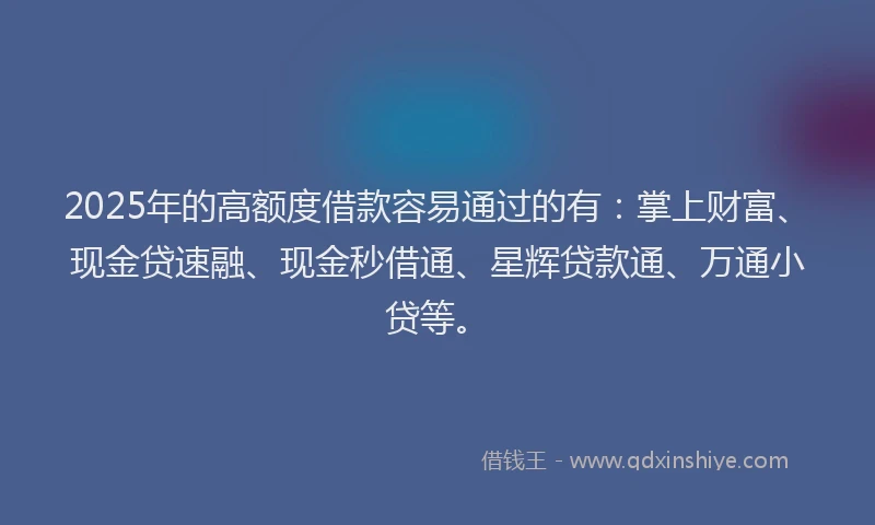 2025年的高额度借款容易通过的有：掌上财富、现金贷速融、现金秒借通、星辉贷款通、万通小贷等。