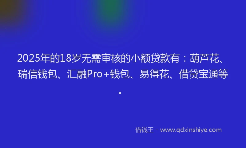2025年的18岁无需审核的小额贷款有：葫芦花、瑞信钱包、汇融Pro+钱包、易得花、借贷宝通等。