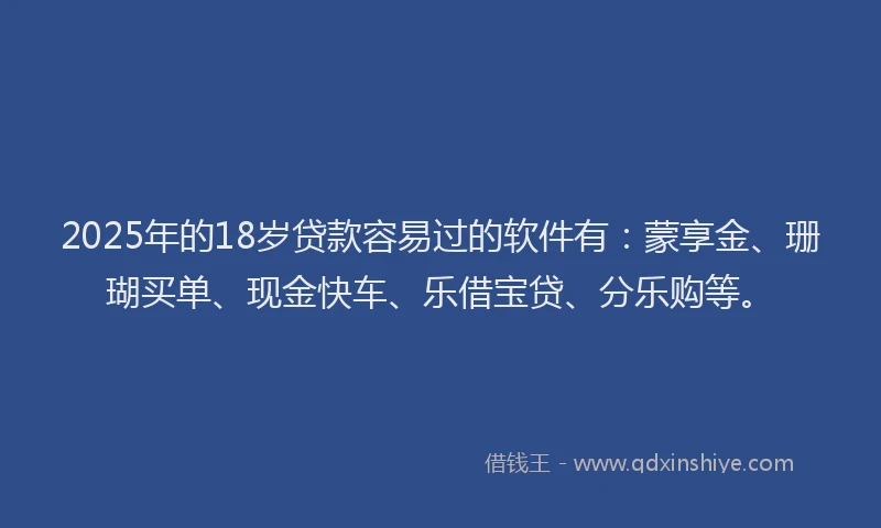 2025年的18岁贷款容易过的软件有：蒙享金、珊瑚买单、现金快车、乐借宝贷、分乐购等。