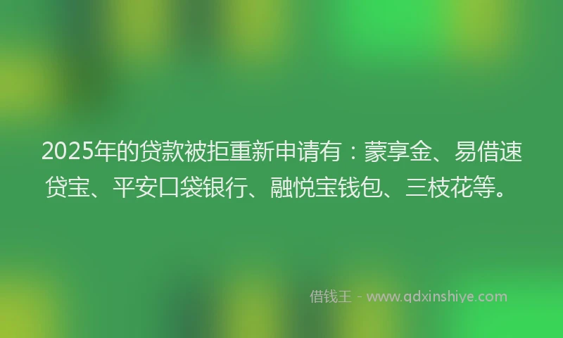 2025年的贷款被拒重新申请有：蒙享金、易借速贷宝、平安口袋银行、融悦宝钱包、三枝花等。