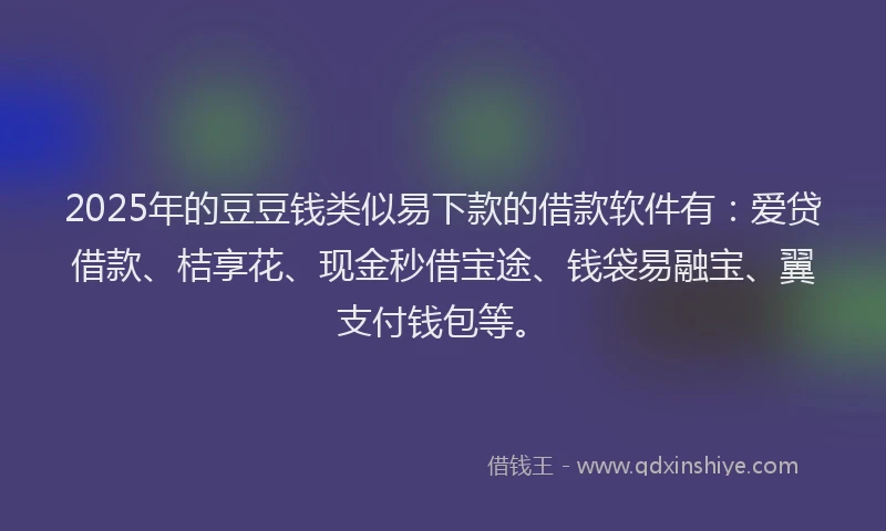 2025年的豆豆钱类似易下款的借款软件有：爱贷借款、桔享花、现金秒借宝途、钱袋易融宝、翼支付钱包等。