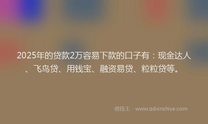2025年的贷款2万容易下款的口子有：现金达人、飞鸟贷、用钱宝、融资易贷、粒粒贷等。