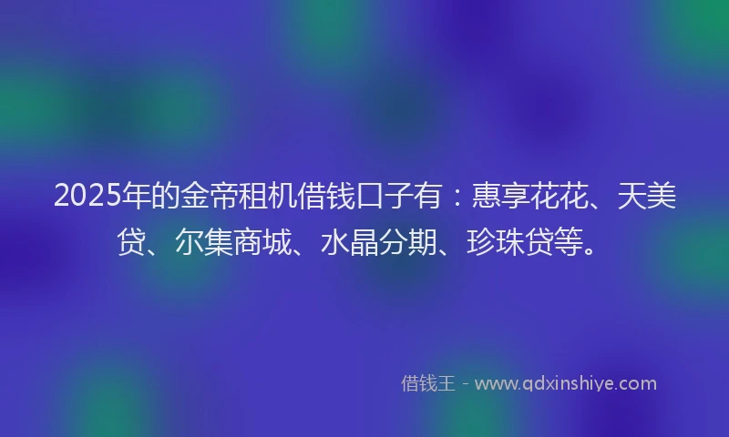 2025年的金帝租机借钱口子有：惠享花花、天美贷、尔集商城、水晶分期、珍珠贷等。