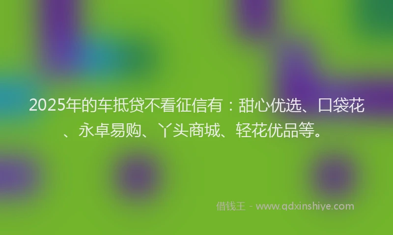 2025年的车抵贷不看征信有：甜心优选、口袋花、永卓易购、丫头商城、轻花优品等。