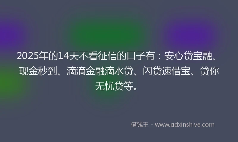 2025年的14天不看征信的口子有：安心贷宝融、现金秒到、滴滴金融滴水贷、闪贷速借宝、贷你无忧贷等。