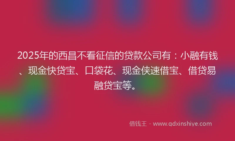 2025年的西昌不看征信的贷款公司有：小融有钱、现金快贷宝、口袋花、现金侠速借宝、借贷易融贷宝等。