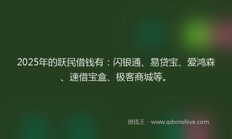 2025年的跃民借钱有：闪银通、易贷宝、爱鸿森、速借宝盒、极客商城等。