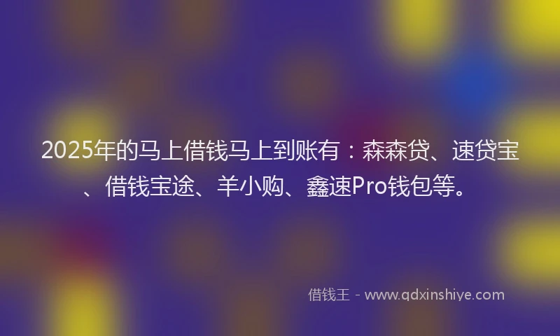 2025年的马上借钱马上到账有：森森贷、速贷宝、借钱宝途、羊小购、鑫速Pro钱包等。