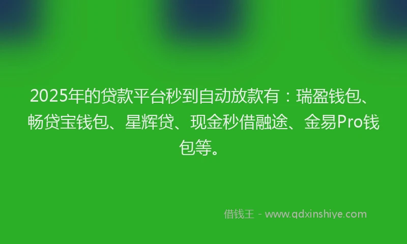 2025年的贷款平台秒到自动放款有：瑞盈钱包、畅贷宝钱包、星辉贷、现金秒借融途、金易Pro钱包等。