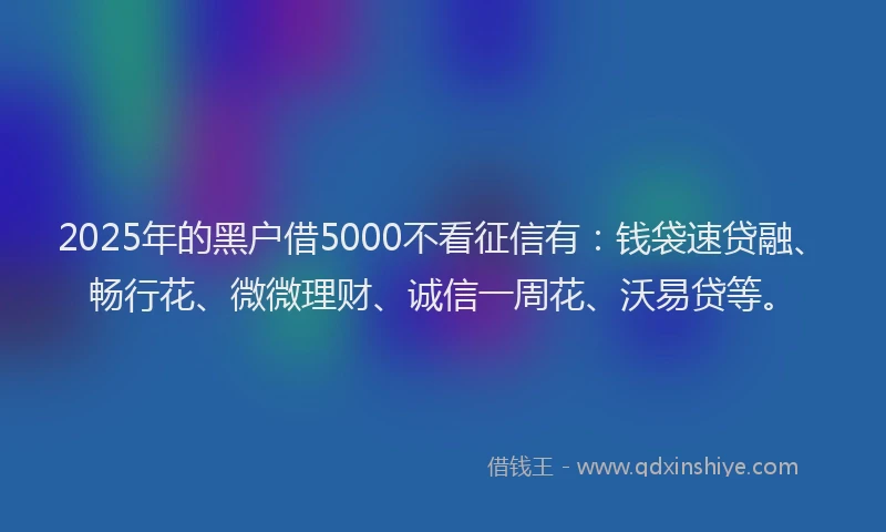 2025年的黑户借5000不看征信有：钱袋速贷融、畅行花、微微理财、诚信一周花、沃易贷等。
