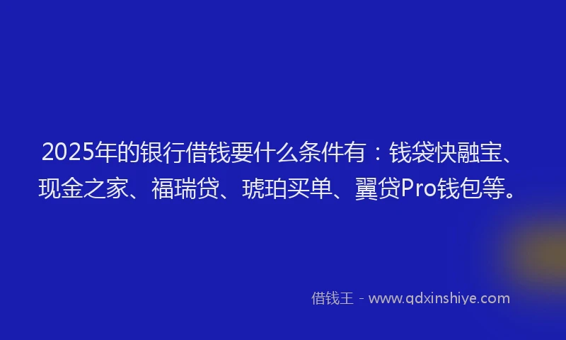 2025年的银行借钱要什么条件有：钱袋快融宝、现金之家、福瑞贷、琥珀买单、翼贷Pro钱包等。