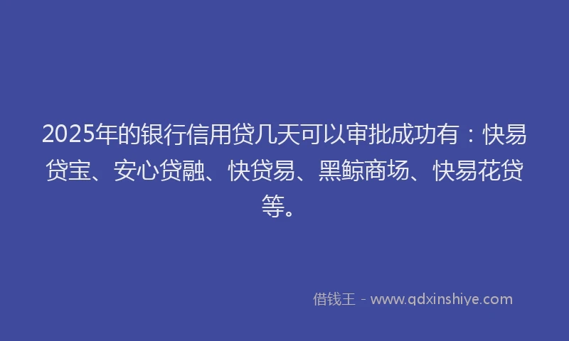 2025年的银行信用贷几天可以审批成功有：快易贷宝、安心贷融、快贷易、黑鲸商场、快易花贷等。