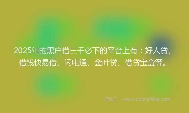 2025年的黑户借三千必下的平台上有：好人贷、借钱快易借、闪电通、金叶贷、借贷宝盒等。