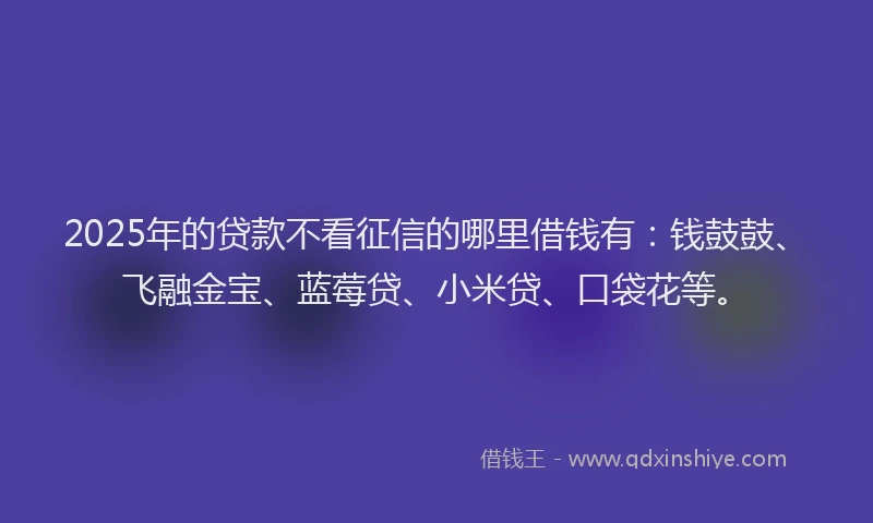 2025年的贷款不看征信的哪里借钱有：钱鼓鼓、飞融金宝、蓝莓贷、小米贷、口袋花等。