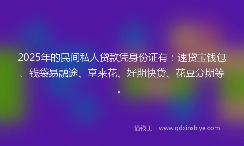 2025年的民间私人贷款凭身份证有：速贷宝钱包、钱袋易融途、享来花、好期快贷、花豆分期等。