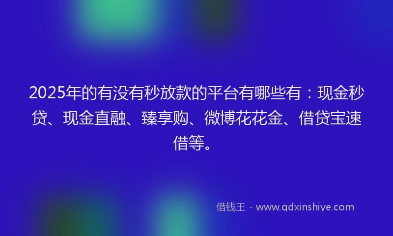 2025年的有没有秒放款的平台有哪些有：现金秒贷、现金直融、臻享购、微博花花金、借贷宝速借等。