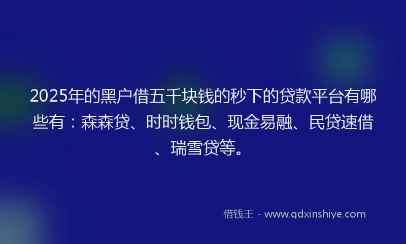 2025年的黑户借五千块钱的秒下的贷款平台有哪些有：森森贷、时时钱包、现金易融、民贷速借、瑞雪贷等。