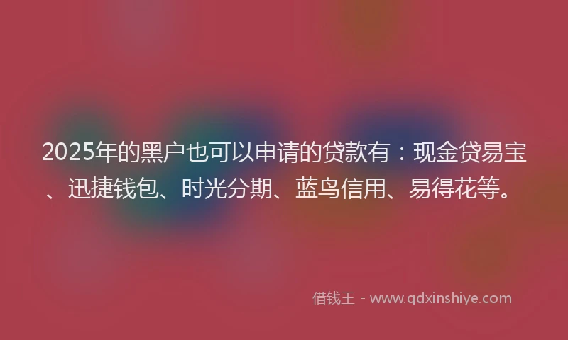 2025年的黑户也可以申请的贷款有：现金贷易宝、迅捷钱包、时光分期、蓝鸟信用、易得花等。