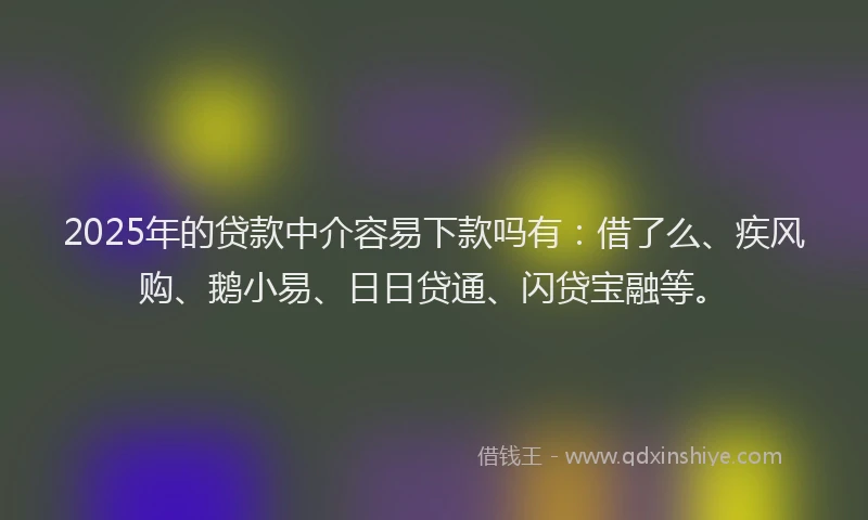 2025年的贷款中介容易下款吗有：借了么、疾风购、鹅小易、日日贷通、闪贷宝融等。