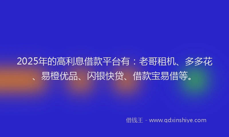 2025年的高利息借款平台有：老哥租机、多多花、易橙优品、闪银快贷、借款宝易借等。