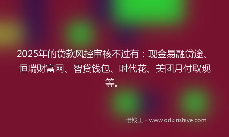 2025年的贷款风控审核不过有：现金易融贷途、恒瑞财富网、智贷钱包、时代花、美团月付取现等。