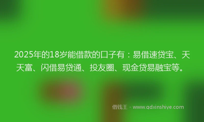2025年的18岁能借款的口子有：易借速贷宝、天天富、闪借易贷通、投友圈、现金贷易融宝等。