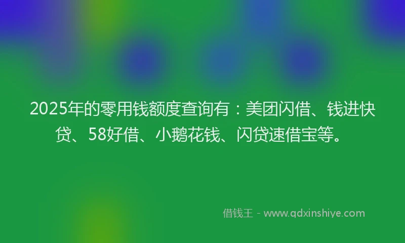 2025年的零用钱额度查询有：美团闪借、钱进快贷、58好借、小鹅花钱、闪贷速借宝等。