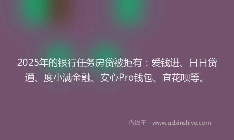 2025年的银行任务房贷被拒有：爱钱进、日日贷通、度小满金融、安心Pro钱包、宜花呗等。
