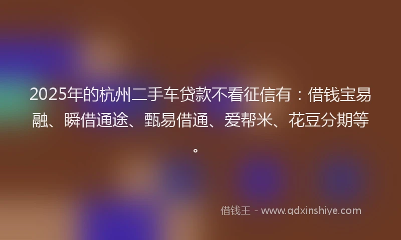 2025年的杭州二手车贷款不看征信有：借钱宝易融、瞬借通途、甄易借通、爱帮米、花豆分期等。