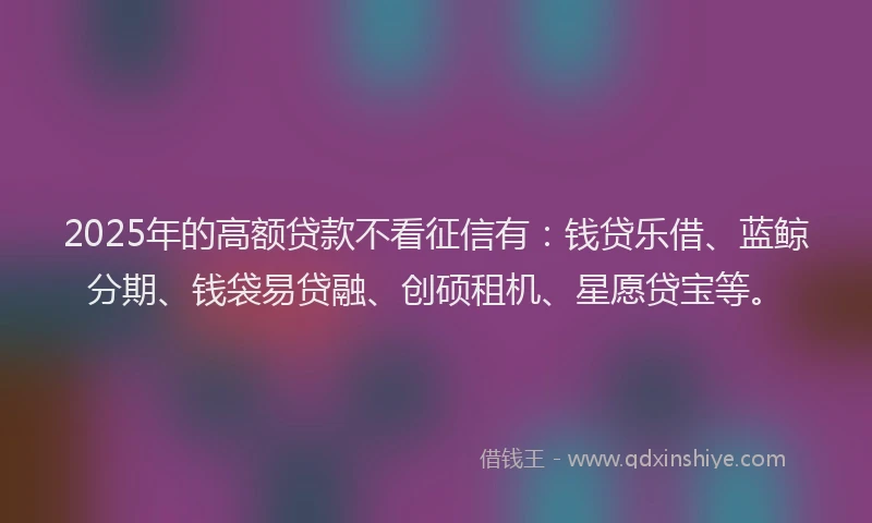 2025年的高额贷款不看征信有：钱贷乐借、蓝鲸分期、钱袋易贷融、创硕租机、星愿贷宝等。