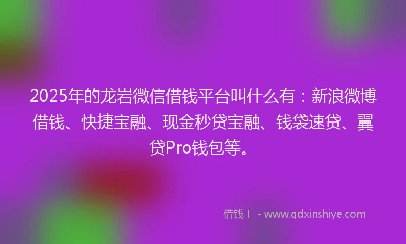 2025年的龙岩微信借钱平台叫什么有：新浪微博借钱、快捷宝融、现金秒贷宝融、钱袋速贷、翼贷Pro钱包等。