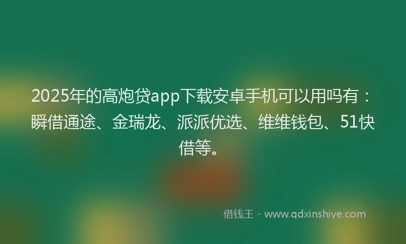 2025年的高炮贷app下载安卓手机可以用吗有：瞬借通途、金瑞龙、派派优选、维维钱包、51快借等。