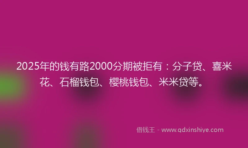 2025年的钱有路2000分期被拒有：分子贷、喜米花、石榴钱包、樱桃钱包、米米贷等。