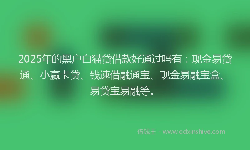 2025年的黑户白猫贷借款好通过吗有：现金易贷通、小赢卡贷、钱速借融通宝、现金易融宝盒、易贷宝易融等。