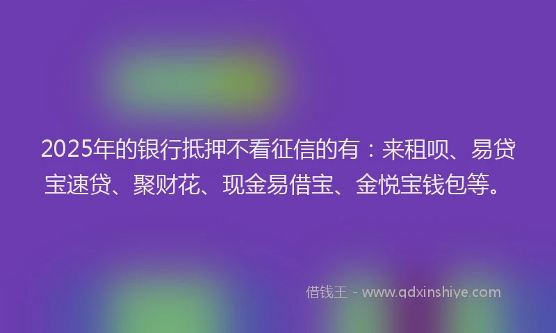 2025年的银行抵押不看征信的有：来租呗、易贷宝速贷、聚财花、现金易借宝、金悦宝钱包等。