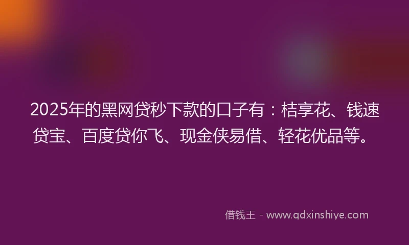 2025年的黑网贷秒下款的口子有：桔享花、钱速贷宝、百度贷你飞、现金侠易借、轻花优品等。