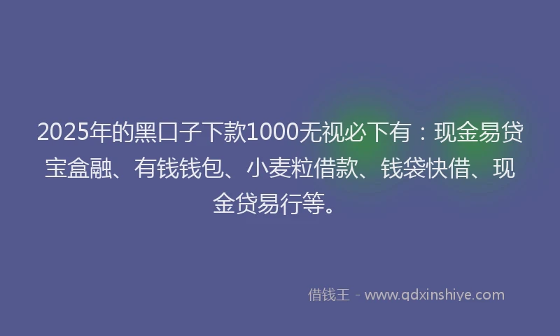 2025年的黑口子下款1000无视必下有：现金易贷宝盒融、有钱钱包、小麦粒借款、钱袋快借、现金贷易行等。