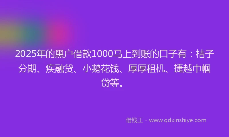 2025年的黑户借款1000马上到账的口子有：桔子分期、疾融贷、小鹅花钱、厚厚租机、捷越巾帼贷等。