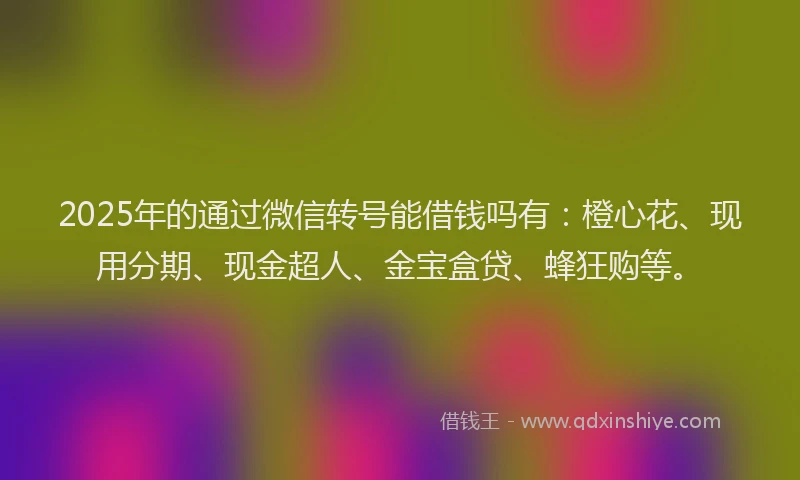 2025年的通过微信转号能借钱吗有：橙心花、现用分期、现金超人、金宝盒贷、蜂狂购等。