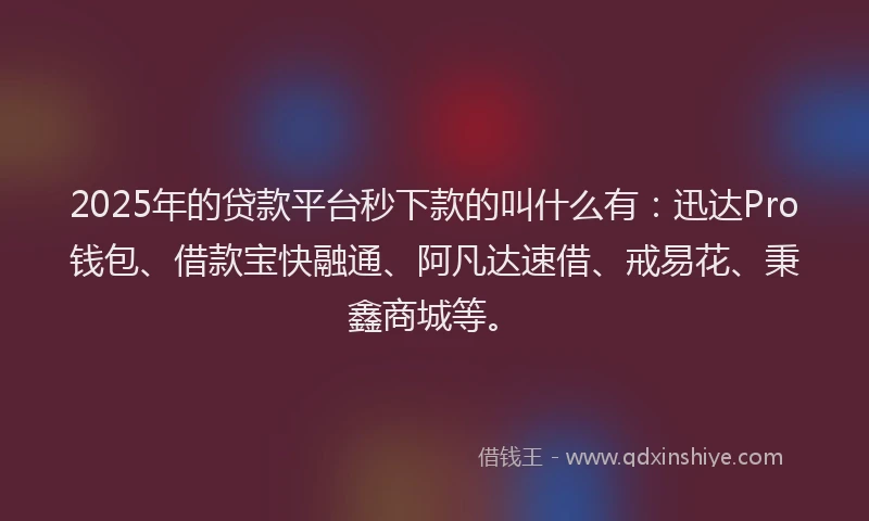 2025年的贷款平台秒下款的叫什么有：迅达Pro钱包、借款宝快融通、阿凡达速借、戒易花、秉鑫商城等。