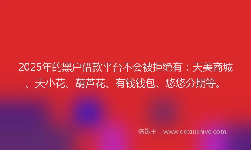 2025年的黑户借款平台不会被拒绝有：天美商城、天小花、葫芦花、有钱钱包、悠悠分期等。