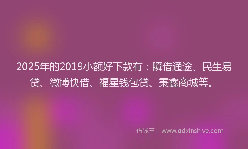 2025年的2019小额好下款有：瞬借通途、民生易贷、微博快借、福星钱包贷、秉鑫商城等。